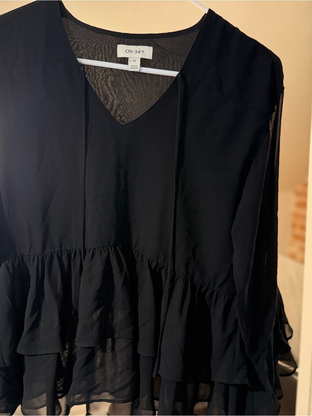 ON-34th Black V-Neck Ruffle Tiered Blouse